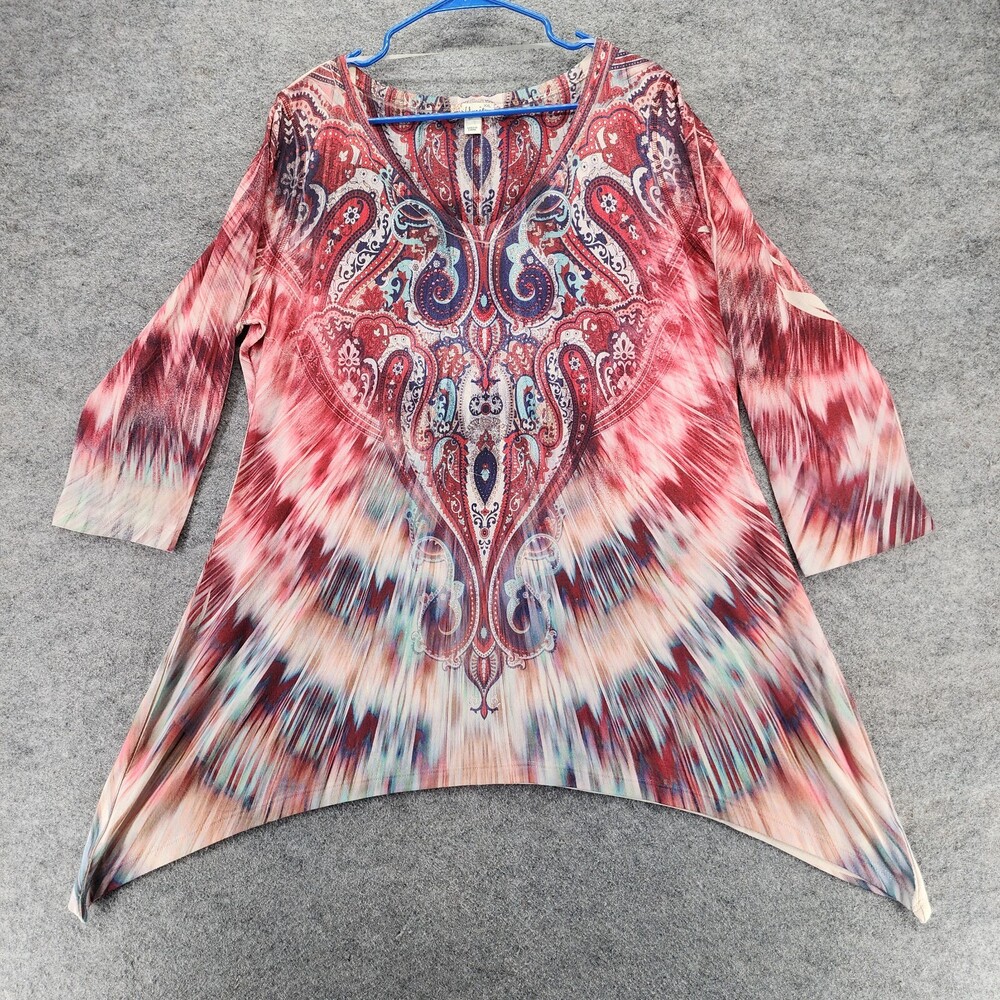 World Unity Shirt Womens XXL 3/4 Sleeve Red Tie Dye